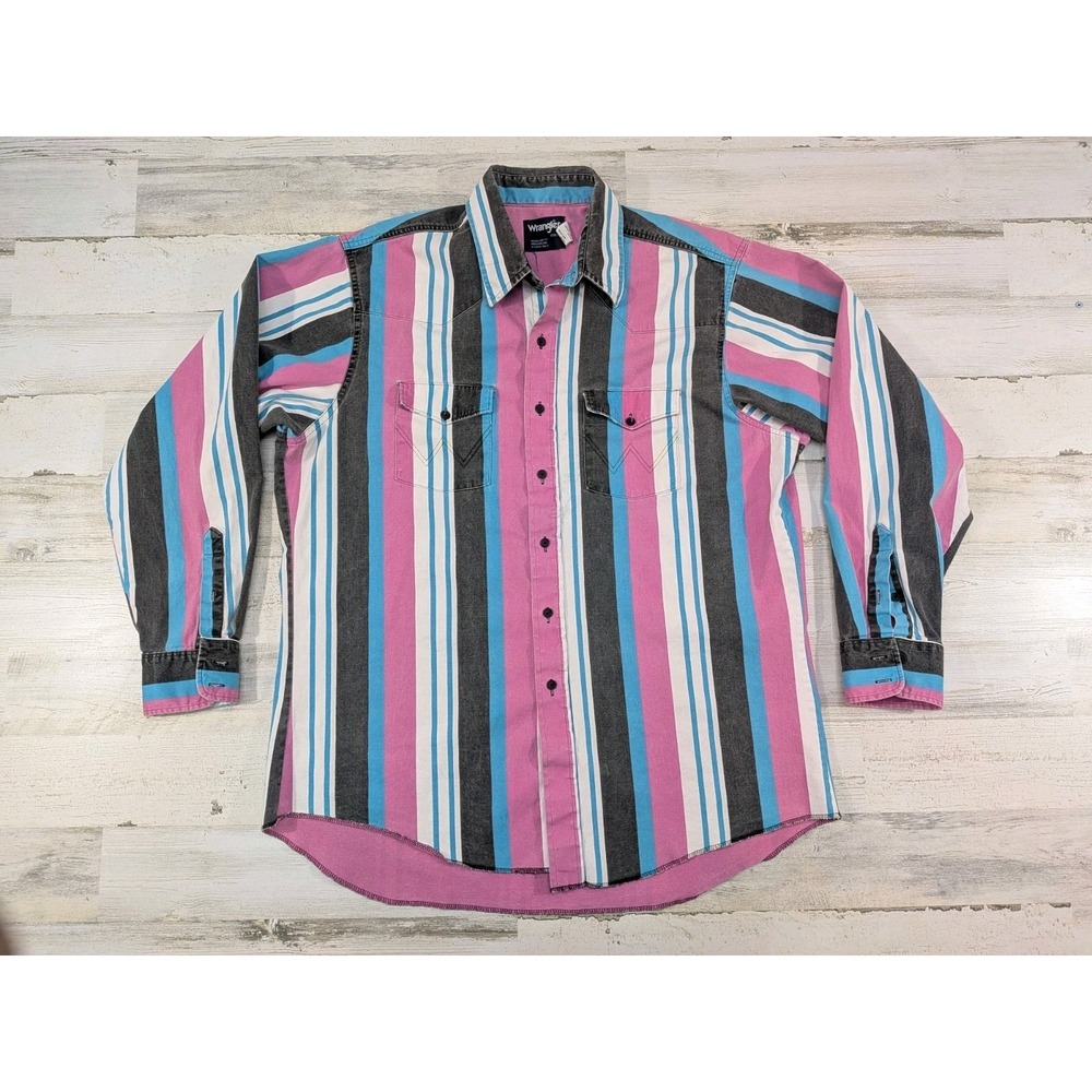 Vintage Wrangler Shirt Mens 17.5 35 Colorful Striped Brushpopper USA Made XL